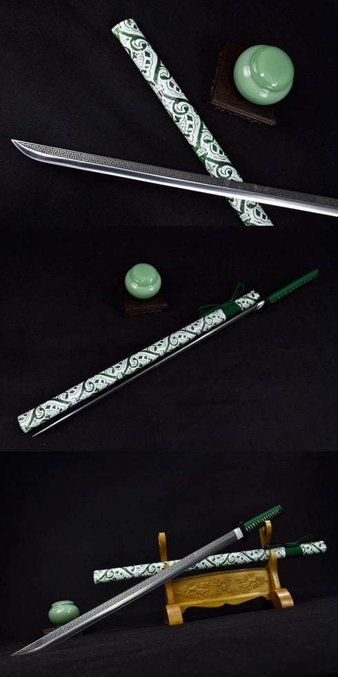 (No Sharp Blade) Japanese 7cr17 Hanada Samurai Green Straight Sword Katana Samurai