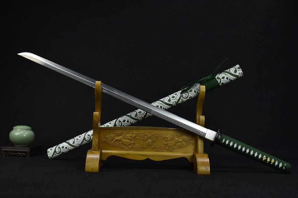 (No Sharp Blade) Japanese 7cr17 Hanada Samurai Green Straight Sword Katana Samurai