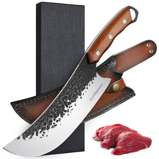 Grillhunters Butcher Knife for Meat Cutting Hand Forged 8" Meat Cleaver Knife High Carbon Steel Chopping Knife Ultra Sharp Japanese Kitchen Knife with Gift Box for Dad