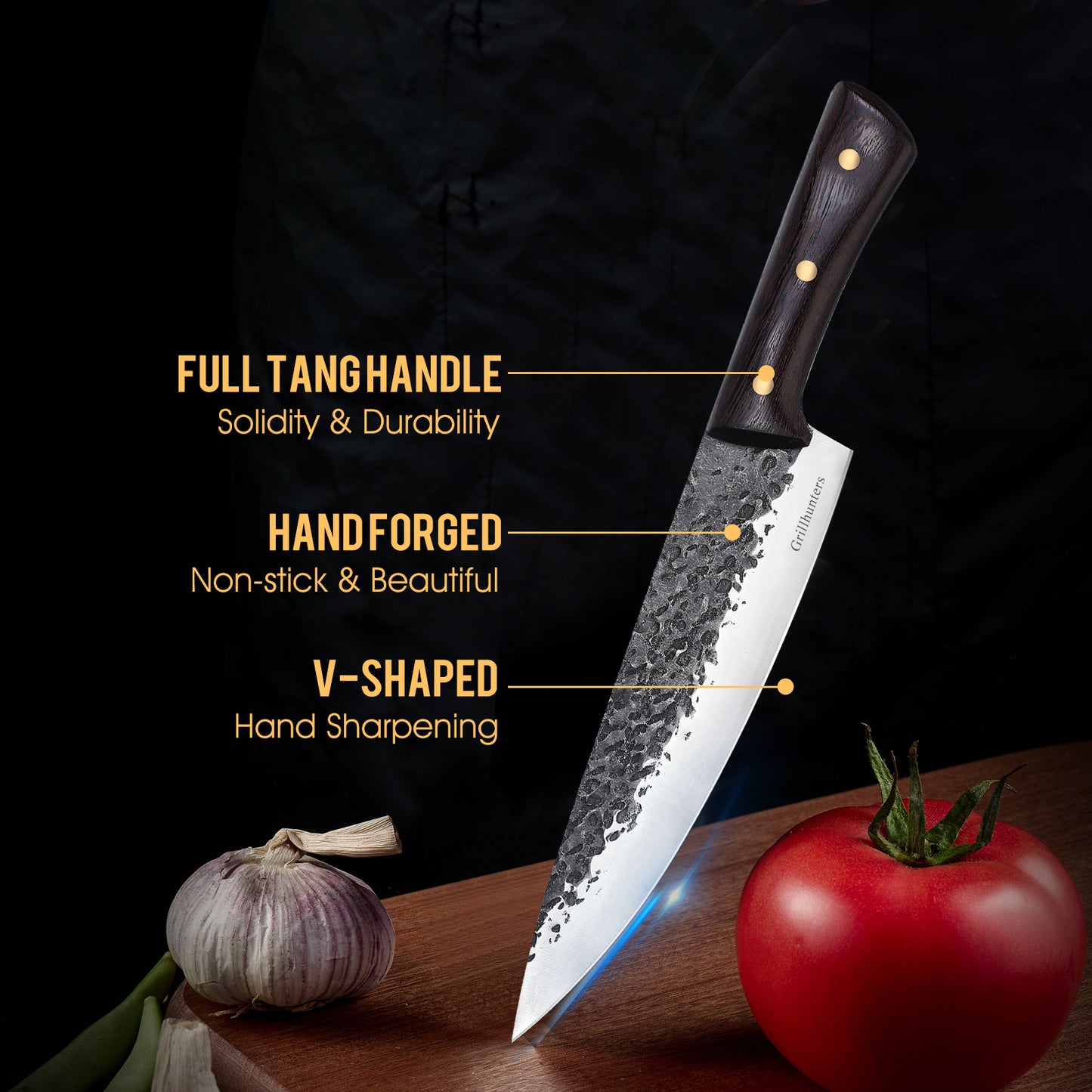 Grillhunters 8-inch Chef Knife, Professional Hand Forged Kitchen Knife, Japanese Gyutou Chef Knives, High Carbon Steel Cooking Knife for Meat Sushi Vegetables