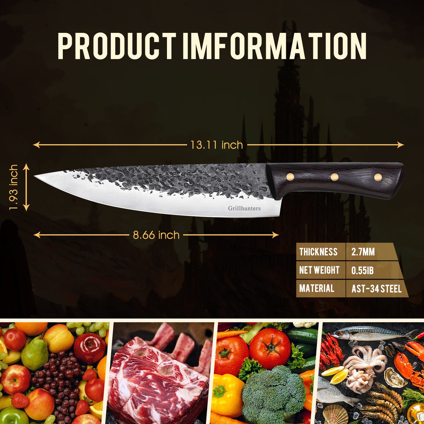 Grillhunters 8-inch Chef Knife, Professional Hand Forged Kitchen Knife, Japanese Gyutou Chef Knives, High Carbon Steel Cooking Knife for Meat Sushi Vegetables