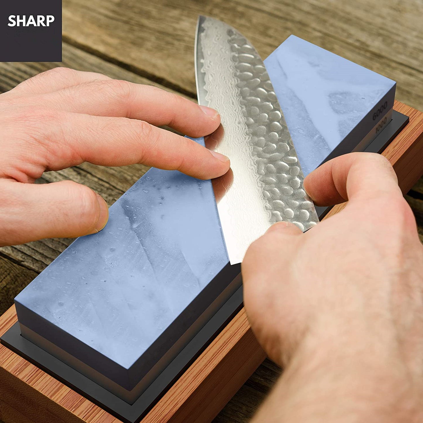 Premium Whetstone Set, Knife Sharpening Stone 2 Side Grit 1000/6000 Whetstone- Knife Sharpener- Non Slip Bamboo Base & Angle Guide