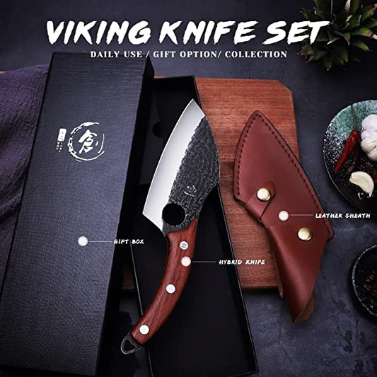 Dream Reach Men with The Pot Chef Knife Hand Forged Full Tang Viking Boning Knives with Sheath Butcher Meat Cleaver for Kitchen or Camping, Black