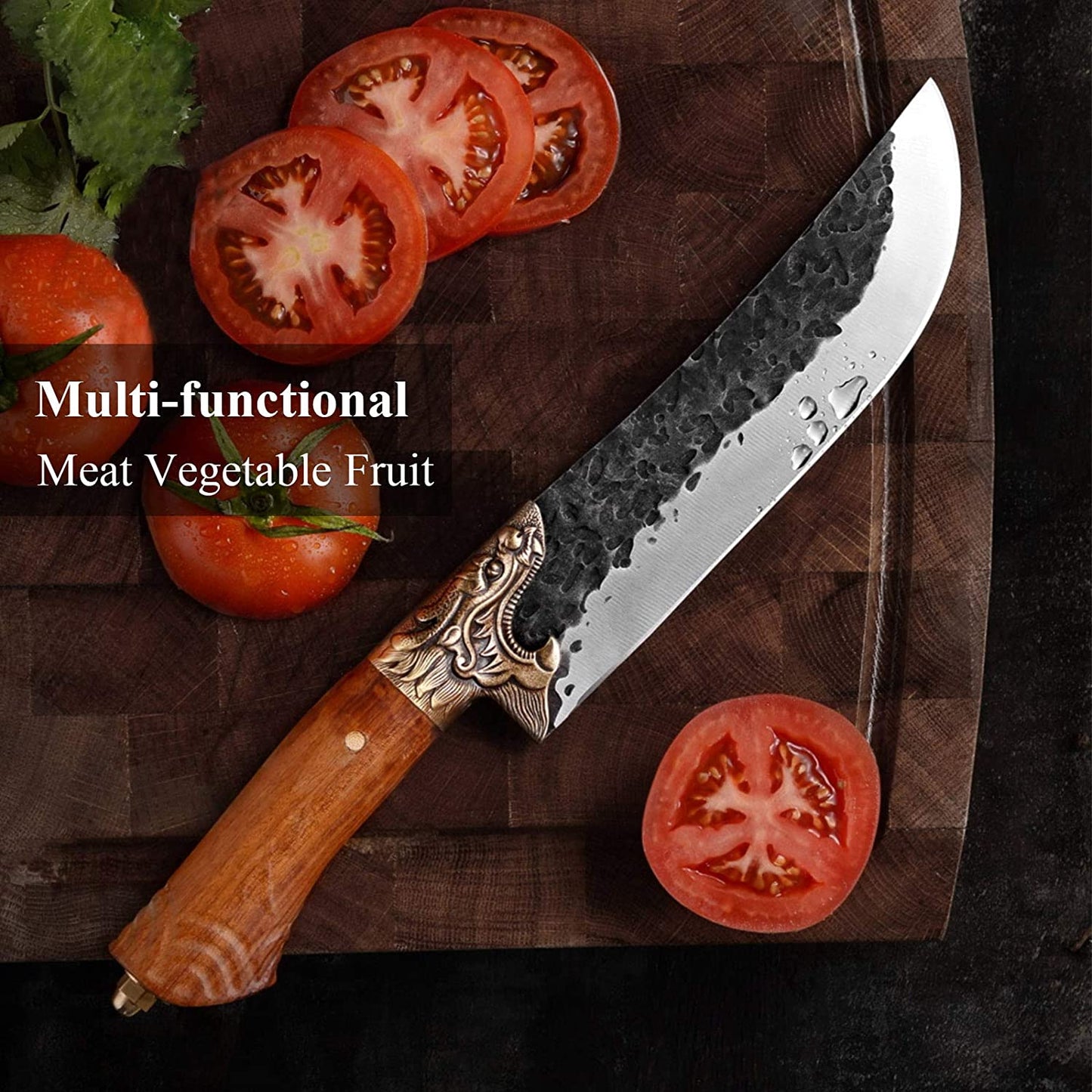 Dragon Knife - Kitchen Chef Knife Outdoor Camping Knife with Leather Sheath Forged Cleaver Butcher Boning Knives for Home Gift Collection BBQ